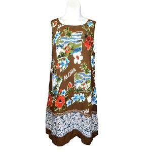 Vtg 90s DEE-DEE'S Aloha Postcard Rayon Shift Dress Brown Tropical Tiki Border M